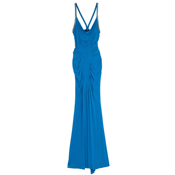 مملوكة مسبقًا Roberto Cavalli Embellished Strap Teal Maxi Dress S
