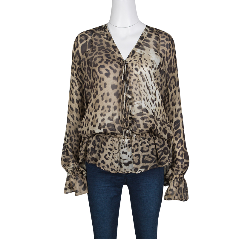 

Roberto Cavalli Animal Printed Silk Long Sleeve Tie Detail Sheer Top, Multicolor