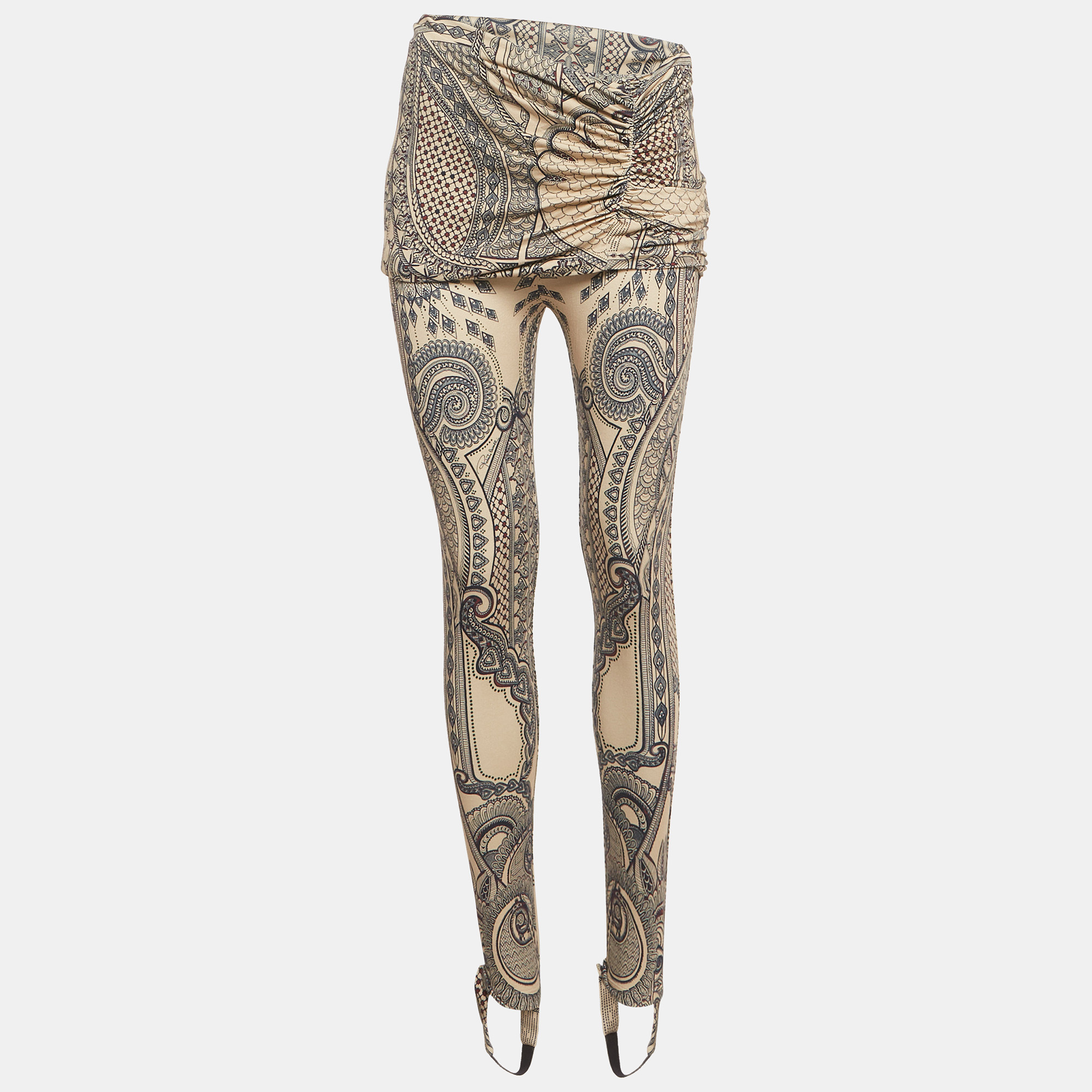 Pre-owned Roberto Cavalli Beige Printed Knit Draped Overlay Detail Pants M In Sand