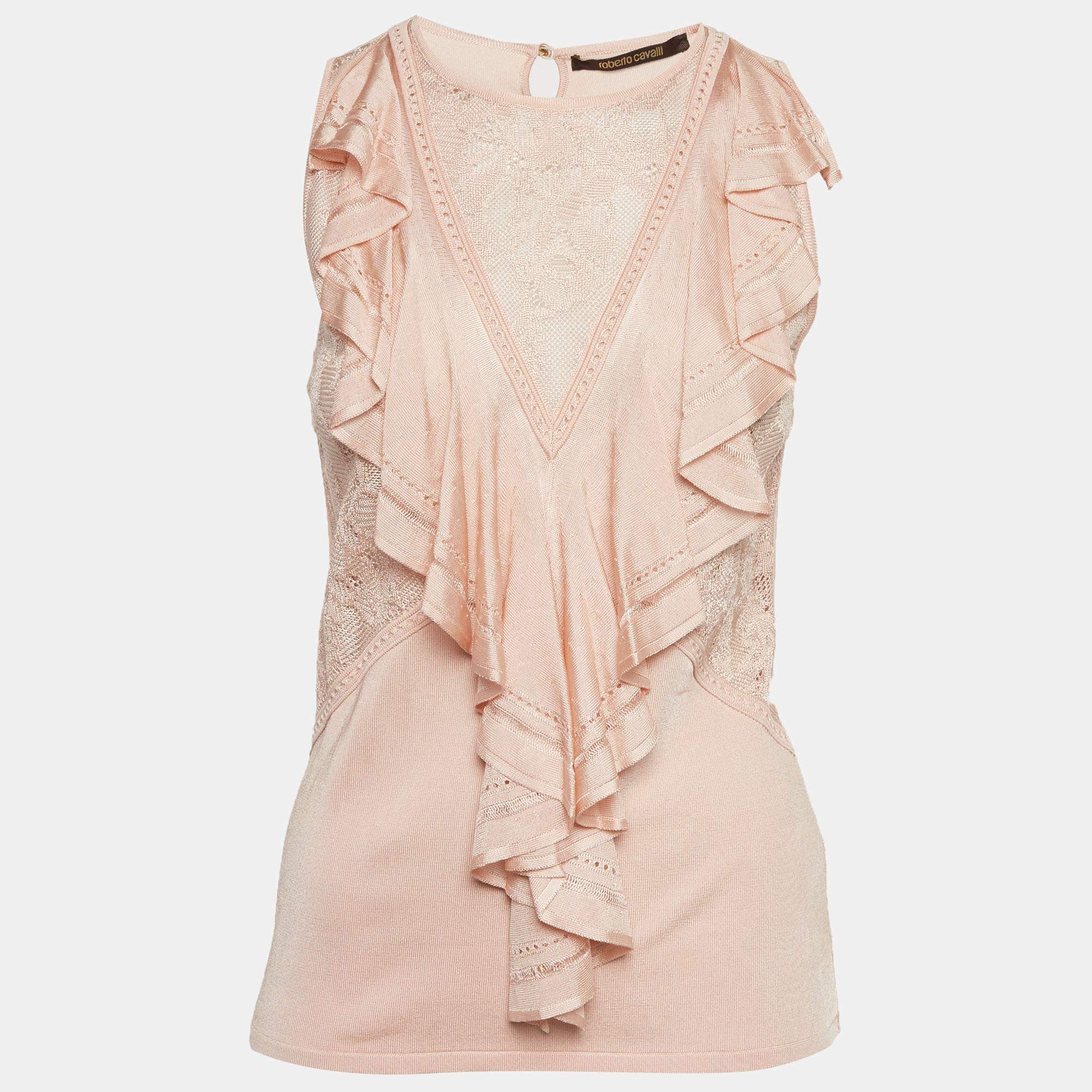 

Roberto Cavalli Light Peach Stretch Knit Ruffle Crew Neck Top M, Pink