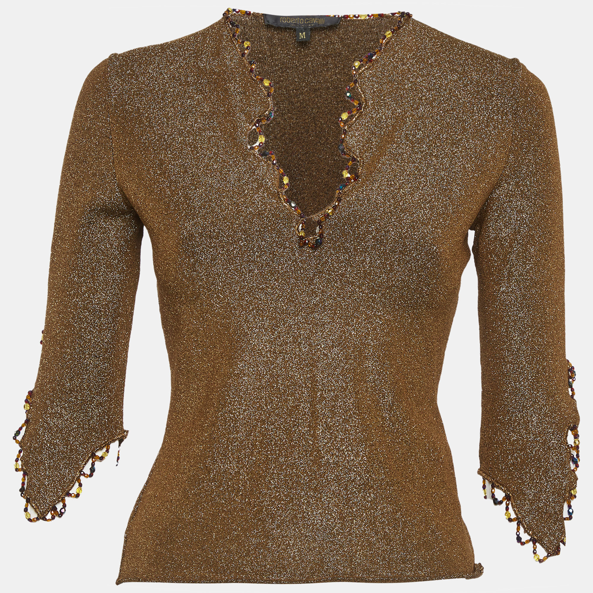 Pre-owned Roberto Cavalli Gold Lurex Knit Bead Trim Long Sleeve Top M