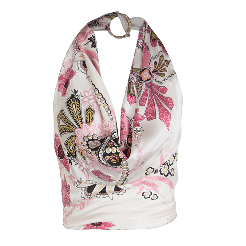 Pre Owned توب روبرتو كافالي حمالات رقبة تفاصيل إبزيم حرير مطبوع متعدد الألوان M