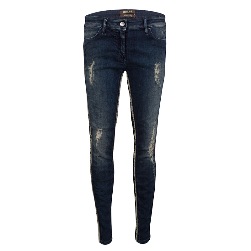 Roberto Cavalli Indigo Dark Wash Faded Effect Frayed Trim Detail Distressed Jeans L
