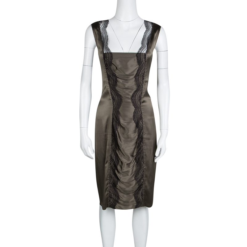 

Roberto Cavalli Grey Scallop Lace Panel Detail Satin Ruched Sleeveless Dress