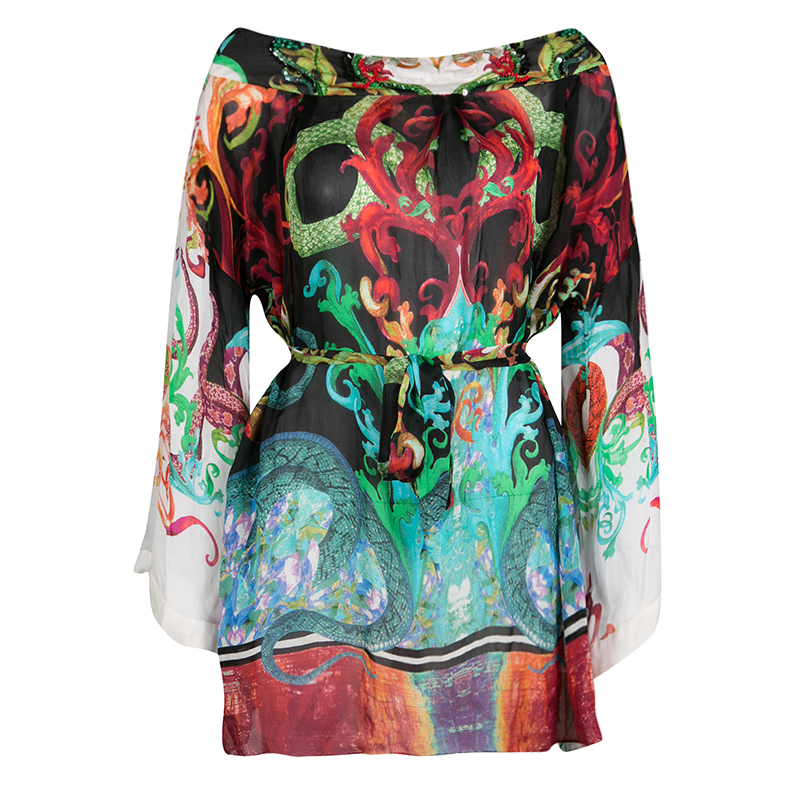 Roberto Cavalli Multicolor Printed Silk Embellished Belted Tunic S