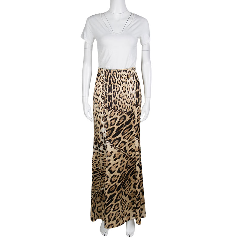 

Roberto Cavalli Beige Animal Printed Silk Flared Maxi Skirt