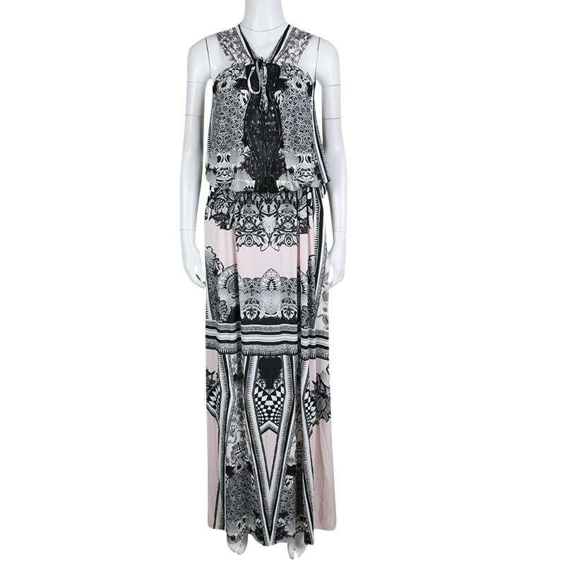 

Roberto Cavalli Multicolor Printed Cutwork Neckline Detail Sleeveless Maxi Dress