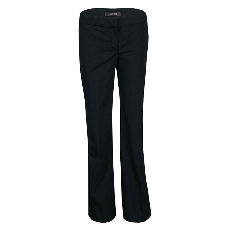 Pre Owned بنطلون روبرتو كافالي صوف أسود حافة واسعة مفصل M