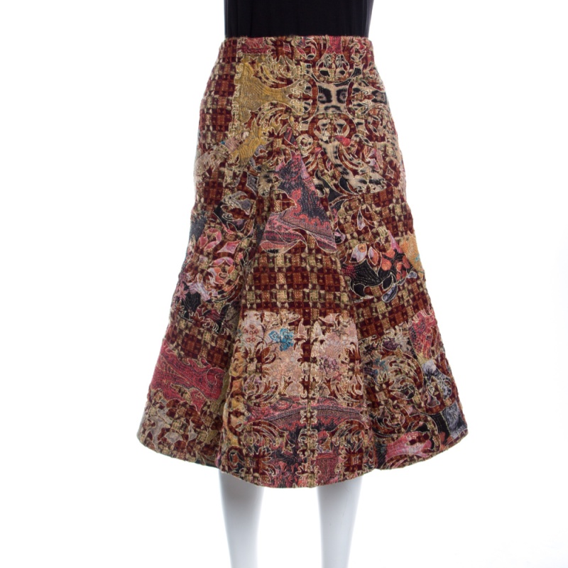 مملوكة مسبقًا تنورة روبرتو كافالي باتشوورك متعددة الألوان مطرزة مبطنة واسعة M