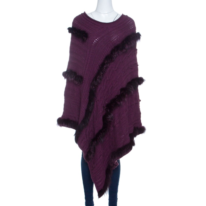 Pre Owned Roberto Cavalli Purple Cable Knit Fur Trim Poncho M