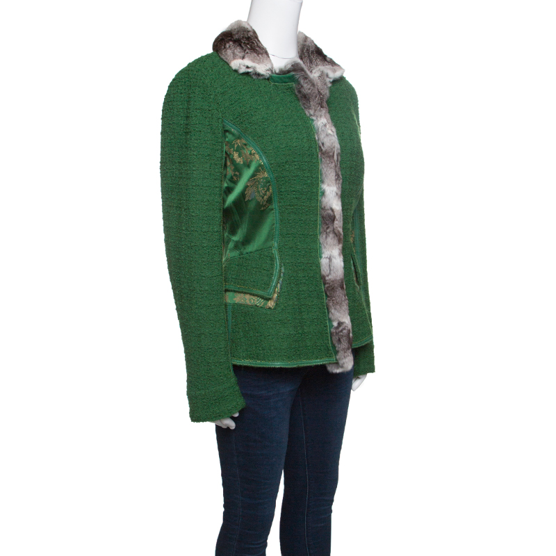 

Roberto Cavalli Green Textured Wool Fur Trim Jacket