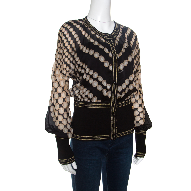 

Roberto Cavalli Black Pearl Printed Rib Trim Sheer Blouson Top