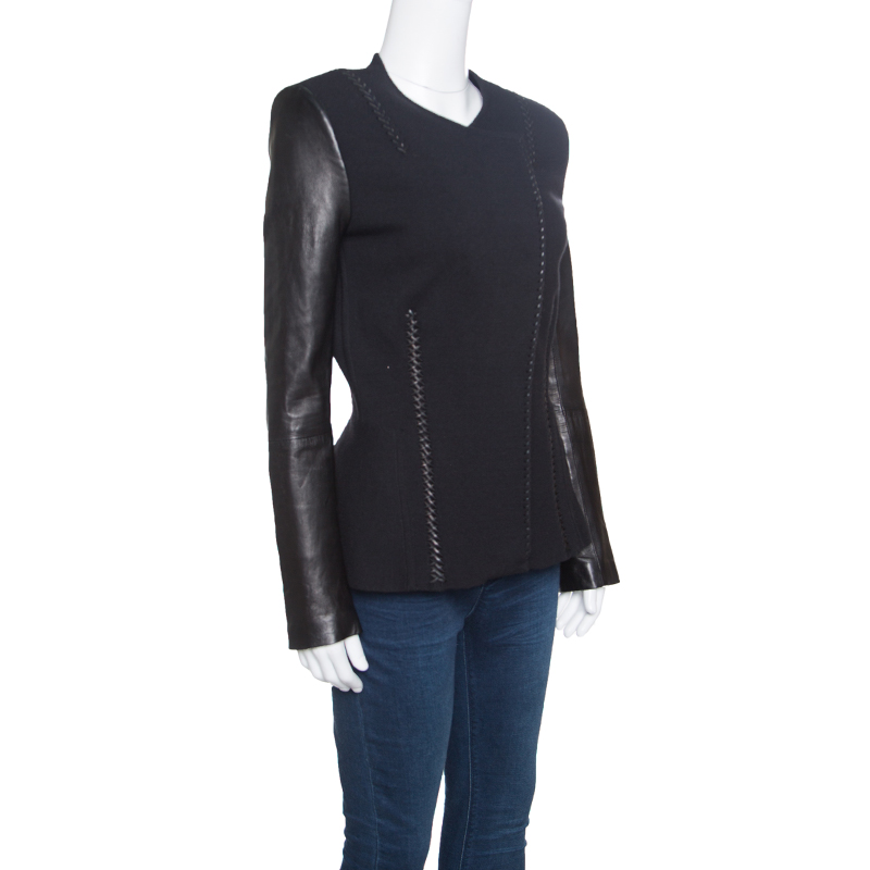 

Roberto Cavalli Black Leather Sleeve Detail Wool and Cashmere Jacket