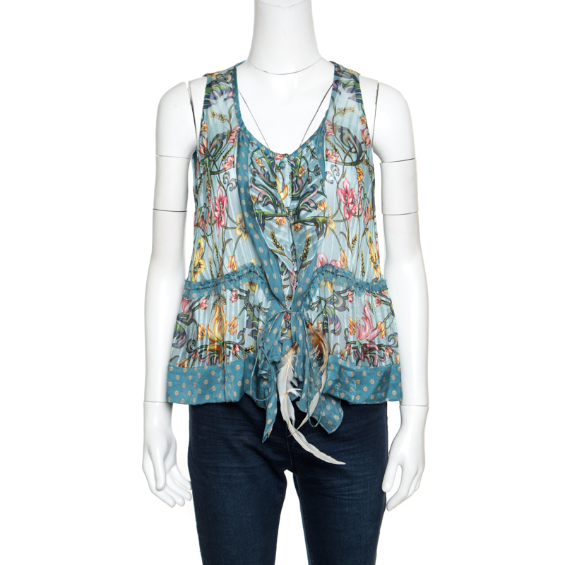 

Roberto Cavalli Blue Floral Printed Silk Ruffled Feather Tie Detail Blouse