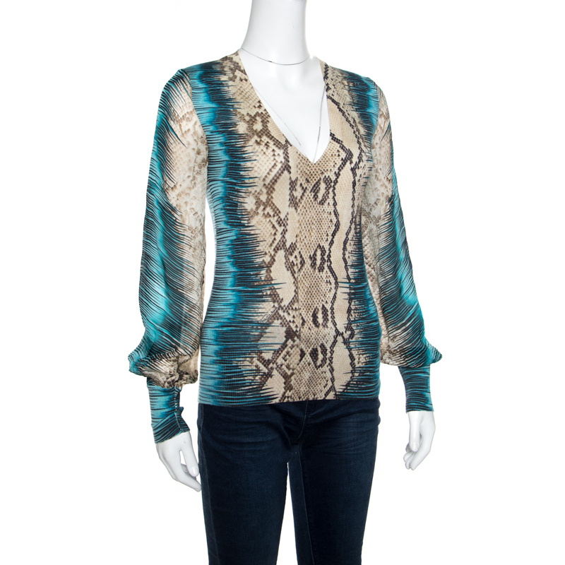 

Roberto Cavalli Snakeskin Print Punto Stoffa V Neck Blouse, Multicolor