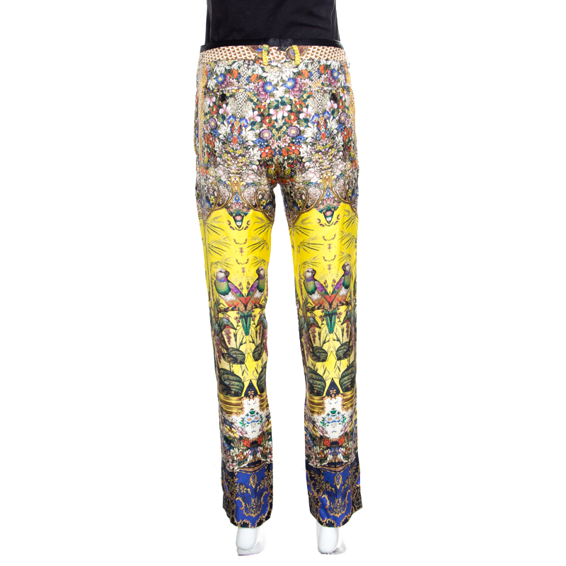Pre-owned Roberto Cavalli Multicolor Floral And Bird Printed Silk Trousers S