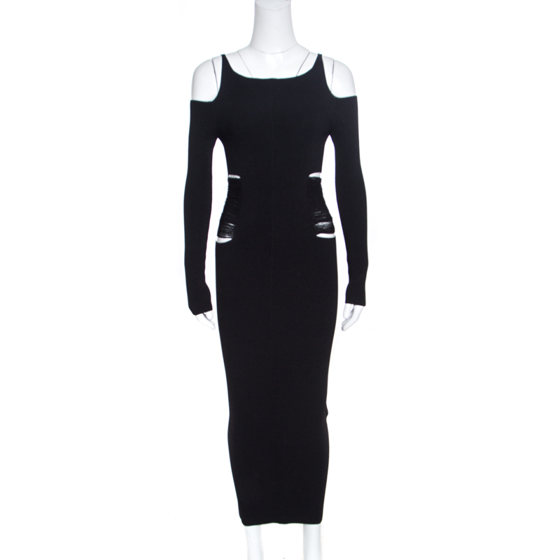 Pre Owned Roberto Cavalli Black Ribbed Knit Distressed Waist Detail Cold Shoulder Dress S