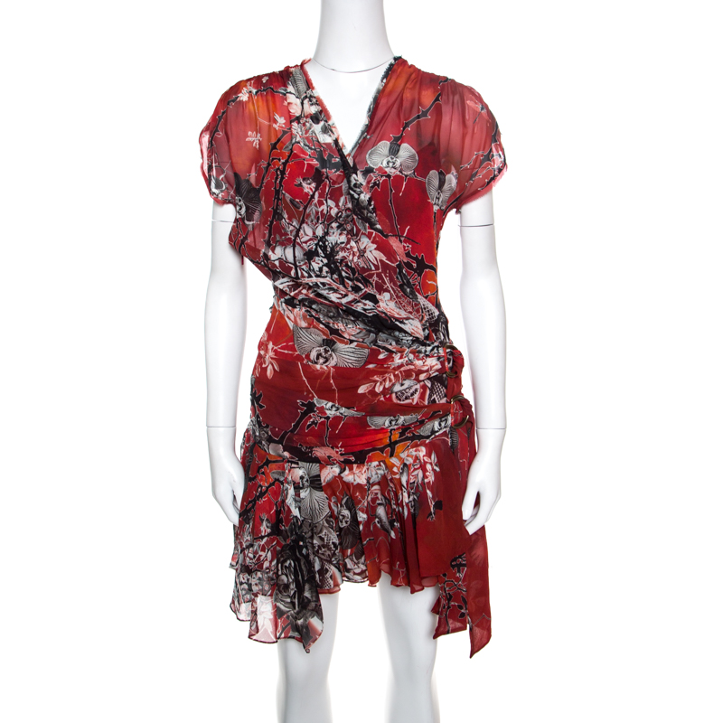 مملوكة مسبقًا Roberto Cavalli Red Floral Printed Faux Wrap Draped Asymmetric Dress S