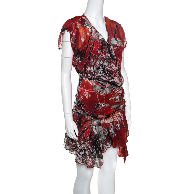 

Roberto Cavalli Red Floral Printed Faux Wrap Draped Asymmetric Dress