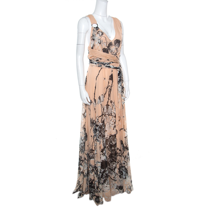 

Roberto Cavalli Blush Pink Floral Printed Silk Cross Back Belted Maxi Dress