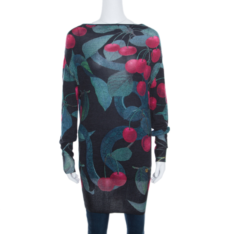 Pre Owned Roberto Cavalli Black Cherry Printed Silk and Cashmere Oversized Sweater S