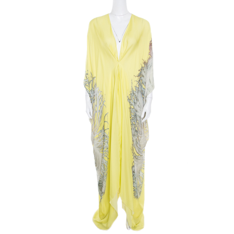 Pre Owned فستان قفطان روبرتو كافالي جيالو حرير أصفر طباعة ريش S