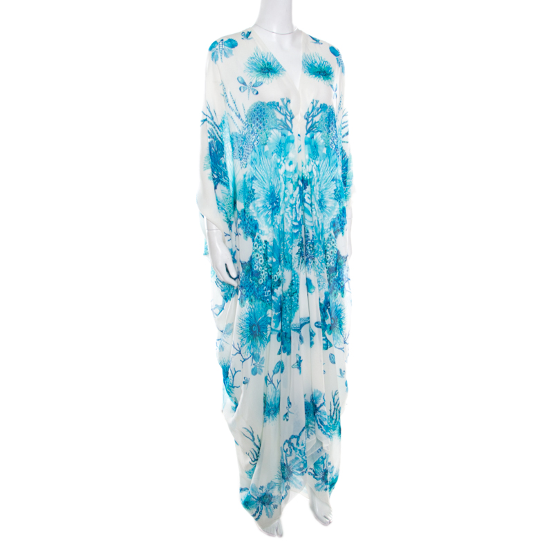 

Roberto Cavalli White and Blue Underwater Printed Silk Slit Sleeve Detail Maxi Dress