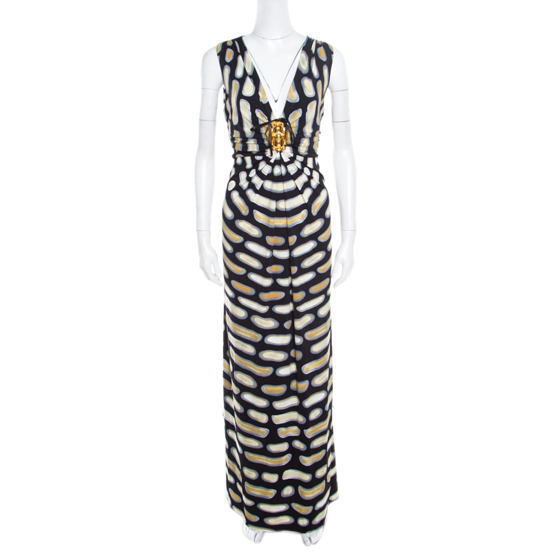 Pre Owned Roberto Cavalli Black Printed Nylon Jersey Brooch Detail Sleeveless Maxi Dress  L