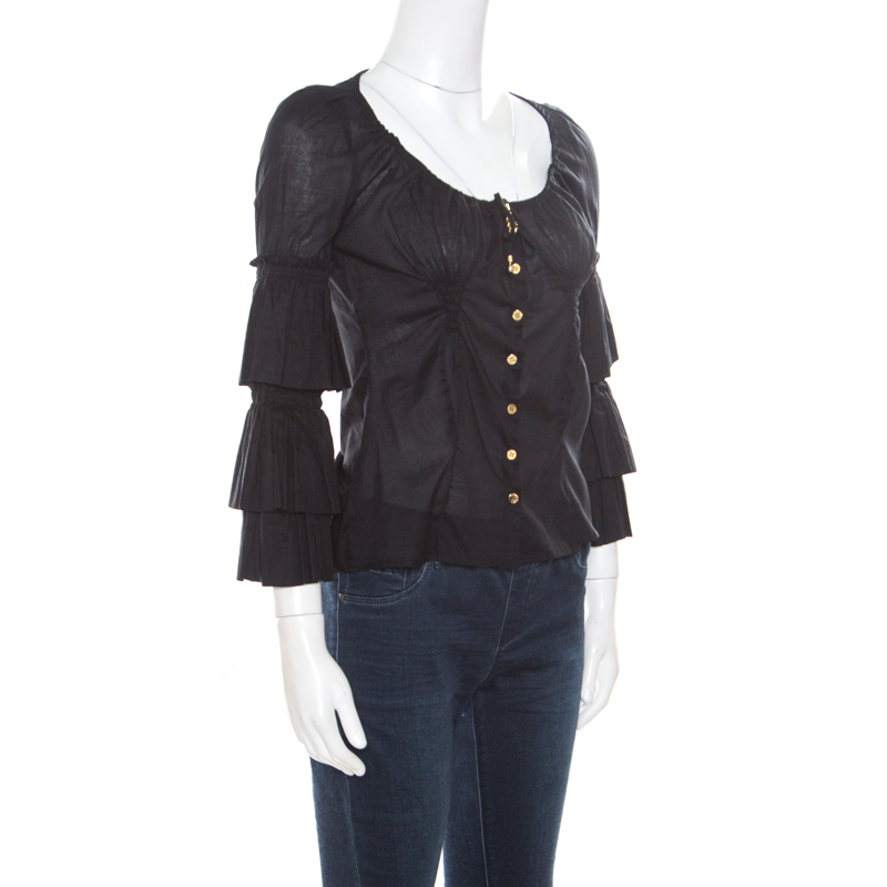 

Roberto Cavalli Black Cotton Voile Tiered Sleeve Buttoned Blouse