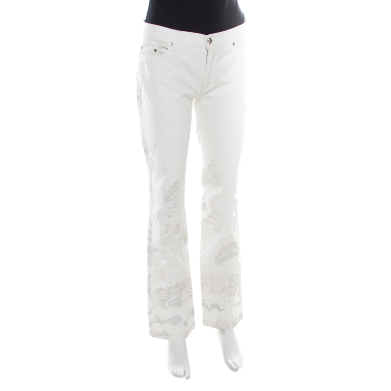 

Roberto Cavalli Off White Foil Printed Denim Straight Jeans