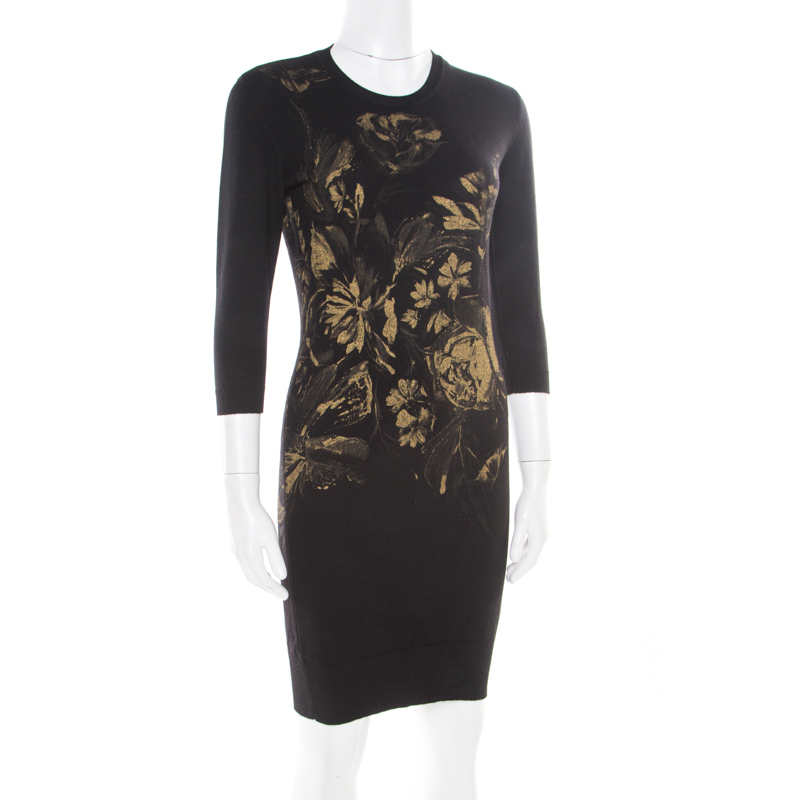 

Roberto Cavalli Black Wool Metallic Gold Floral Printed Sweater Dress