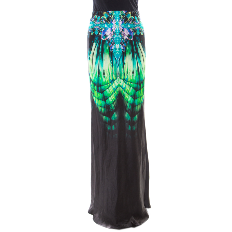 Pre Owned Roberto Cavalli Black Fluorite Crystal Printed Silk Maxi Skirt S