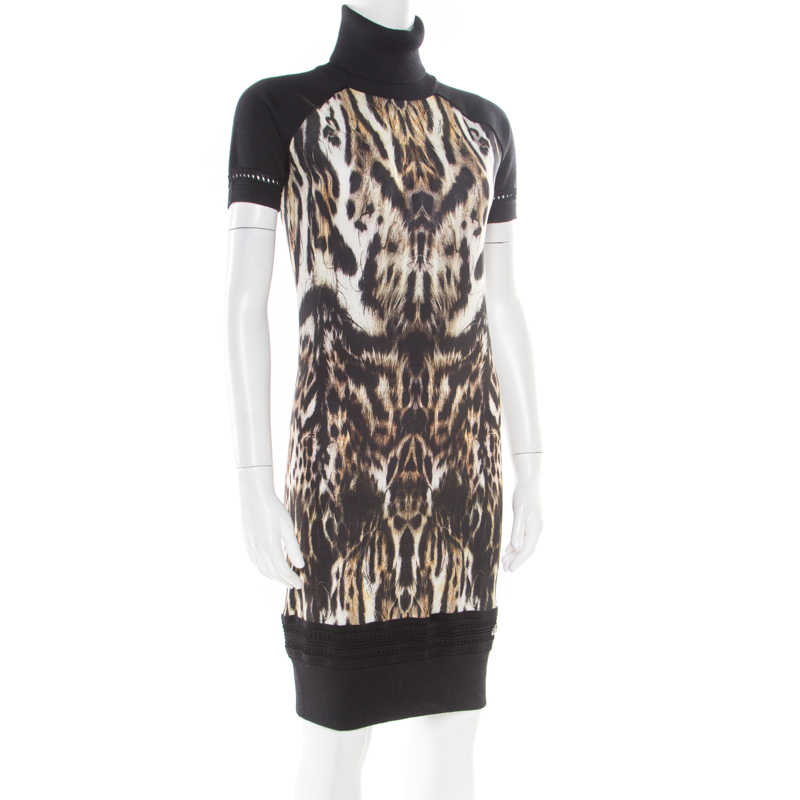 

Roberto Cavalli Black Animal Printed Wool Blend Turtleneck Sweater Dress