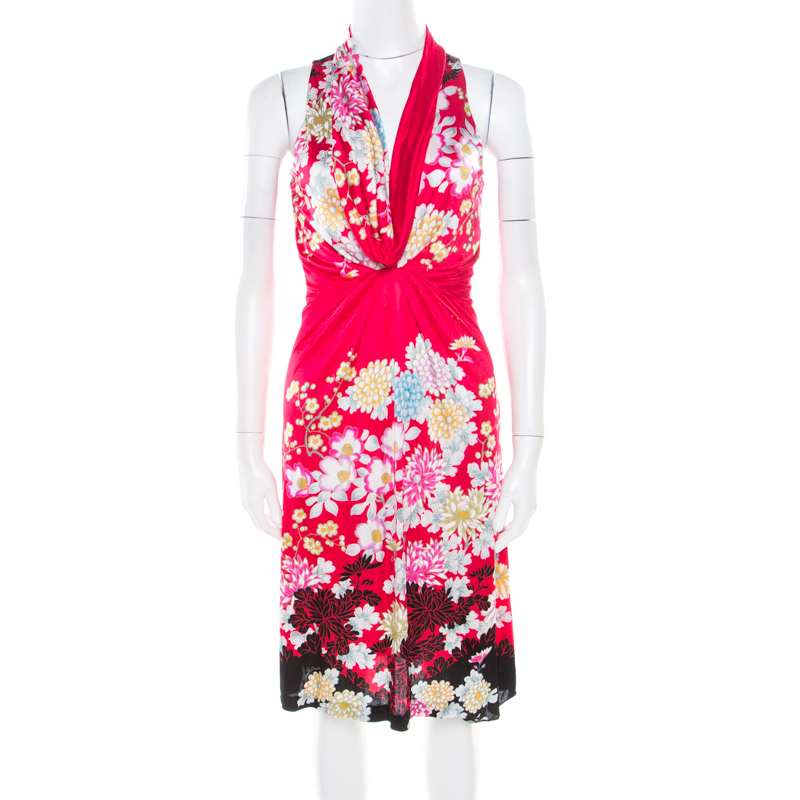 Pre Owned Roberto Cavalli Raspberry Pink Flower Printed Stretch Knit Sleeveless Dress S