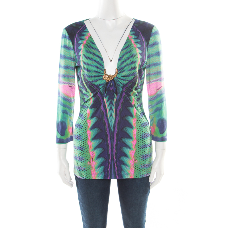 Pre Owned Roberto Cavalli Multicolor Printed Knit Snake Brooch Detail Ruched Top L