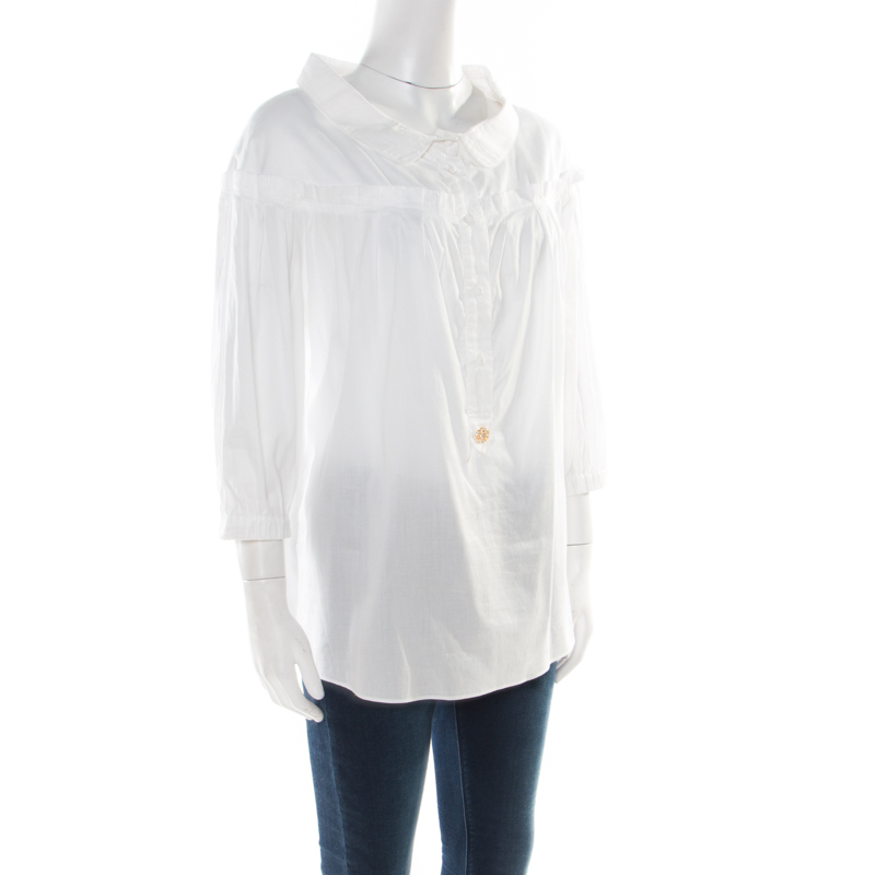 

Roberto Cavalli White Cotton Gathered Blouse