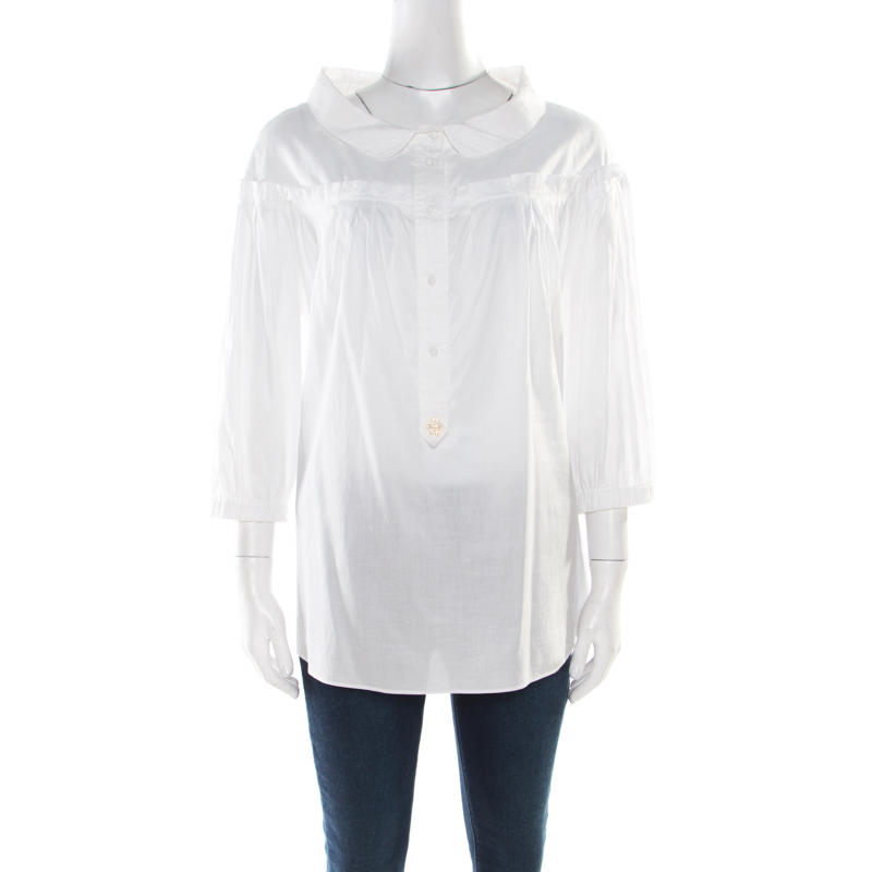 Pre Owned Roberto Cavalli White Cotton Gathered Blouse M