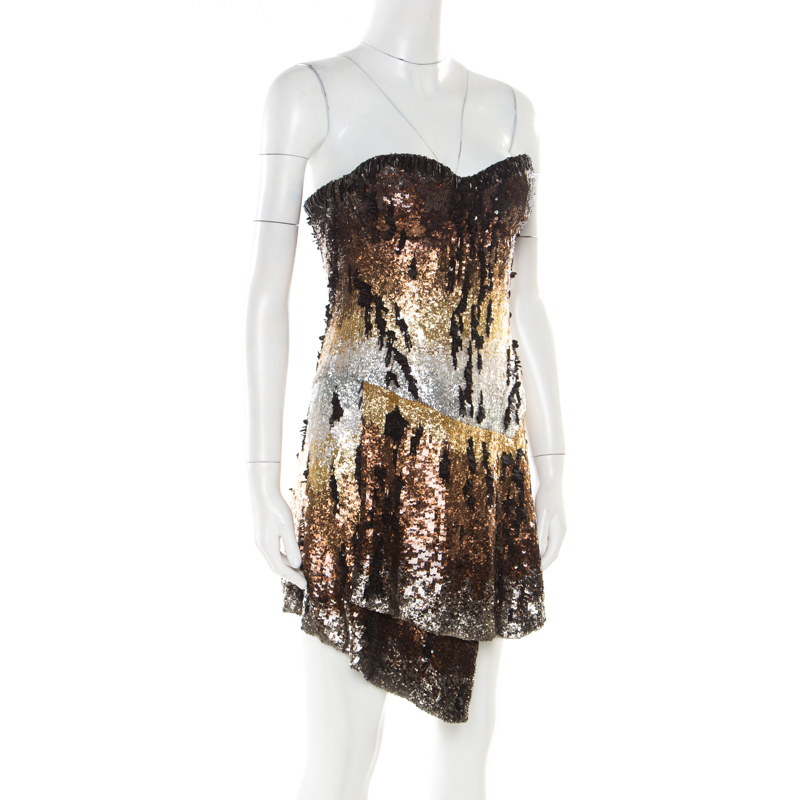 

Roberto Cavalli Multicolor Sequin Embellished Strapless Bustier Dress, Metallic
