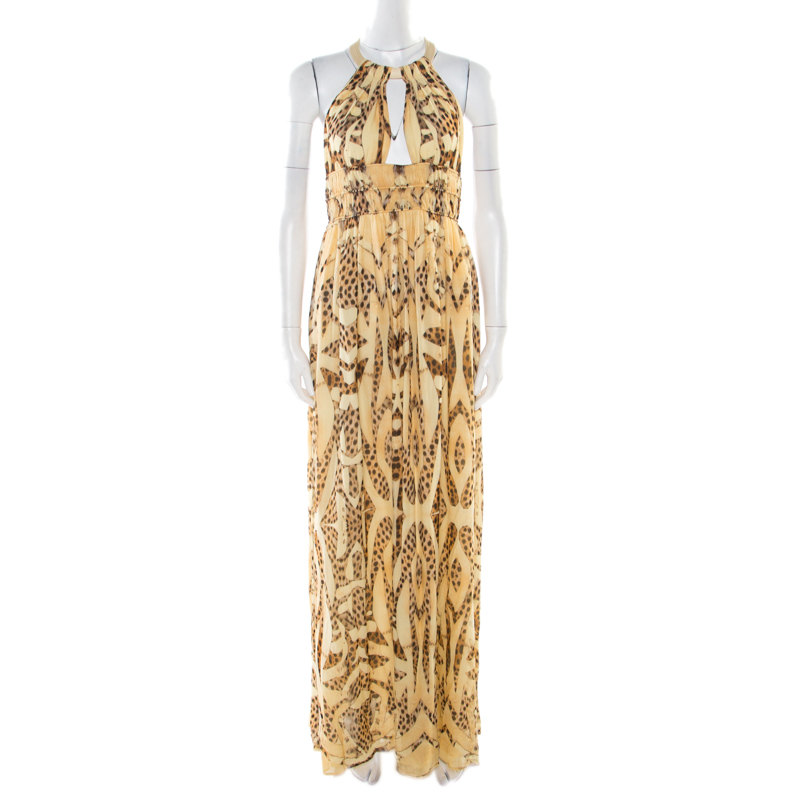 Roberto Cavalli Beige Animal Printed Silk Plunge Neck Cutout Back Dress ...