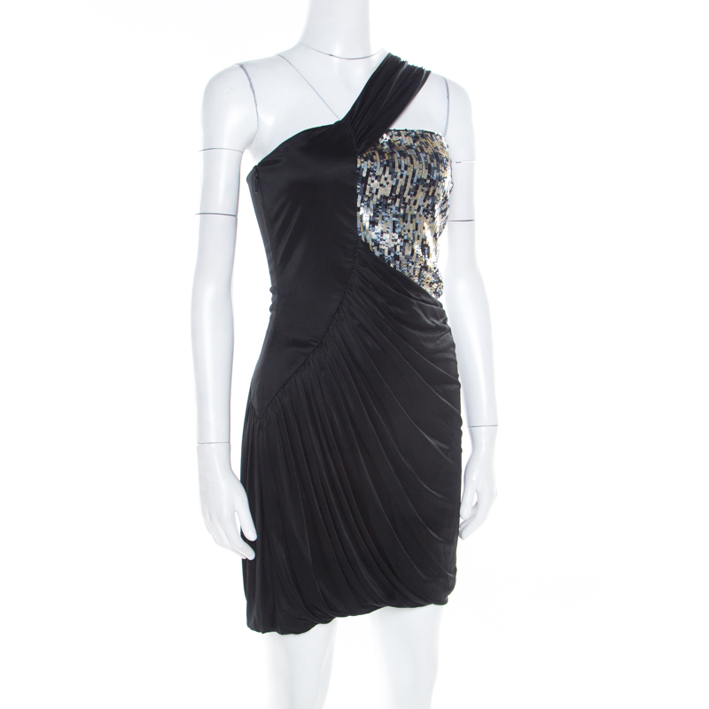 

Roberto Cavalli Black Knit Sequined Bodice Draped One Shoulder Dress