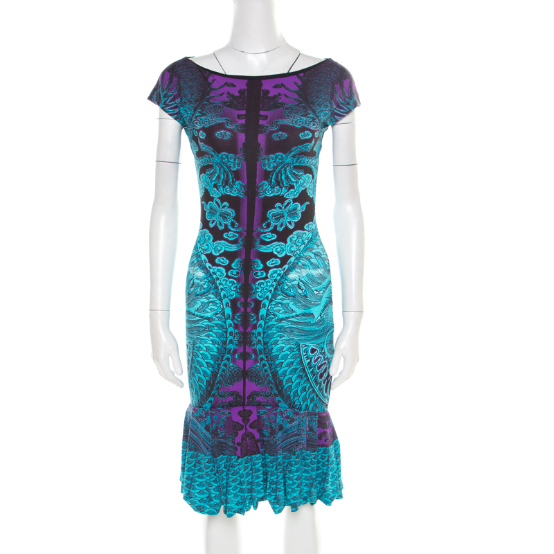 Pre Owned Roberto Cavalli Multicolor Printed Boat Neck Flounce Dress S