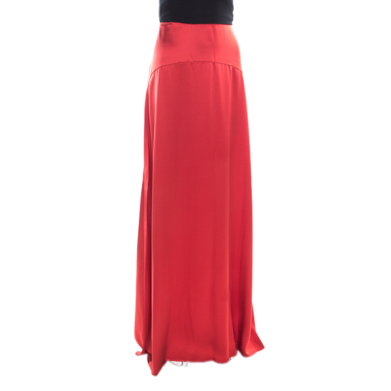 

Roberto Cavalli Red Satin Silk Maxi Skirt