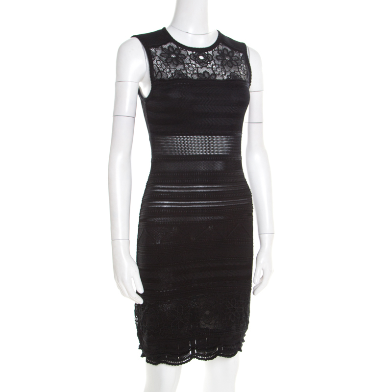 

Roberto Cavalli Black Knit Lace Insert Sleeveless Fitted Dress