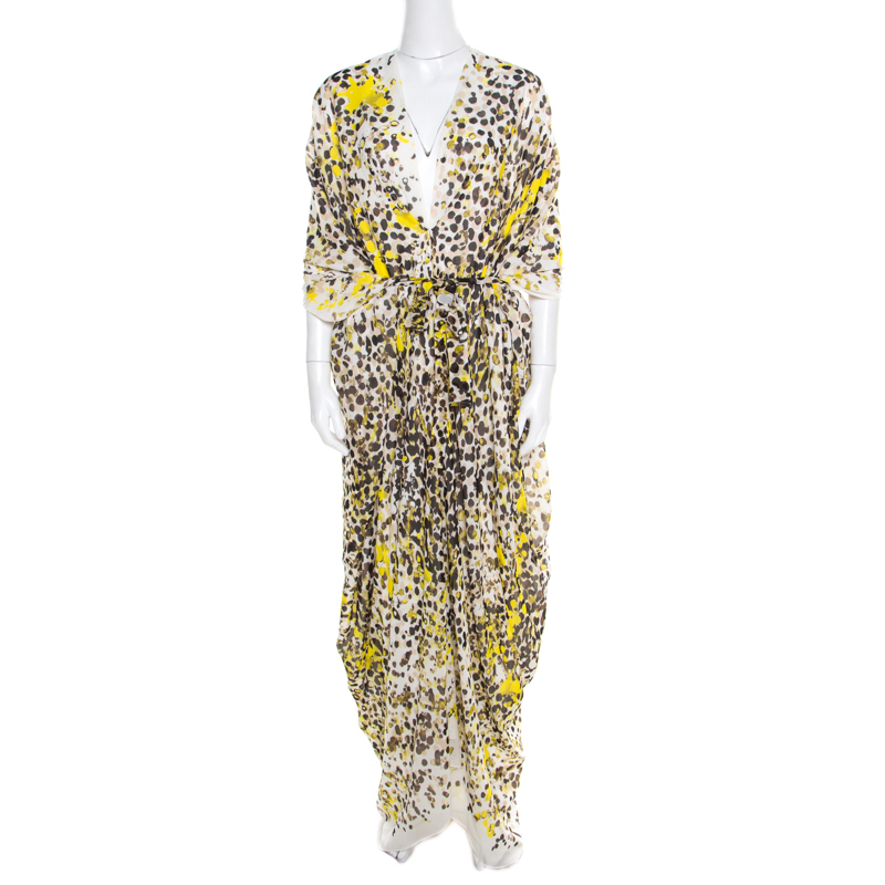 Pre Owned Roberto Cavalli Off White Splatter Printed Silk Belted High Low Kaftan S