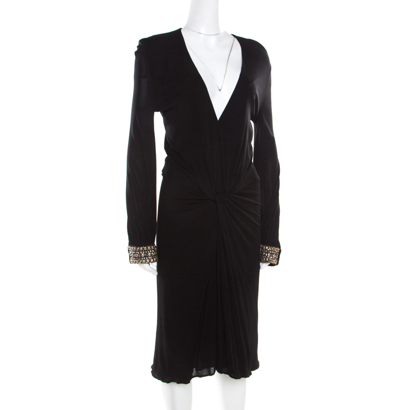 

Roberto Cavalli Black Embellished Trim Long Sleeve Plunge Neck Dress