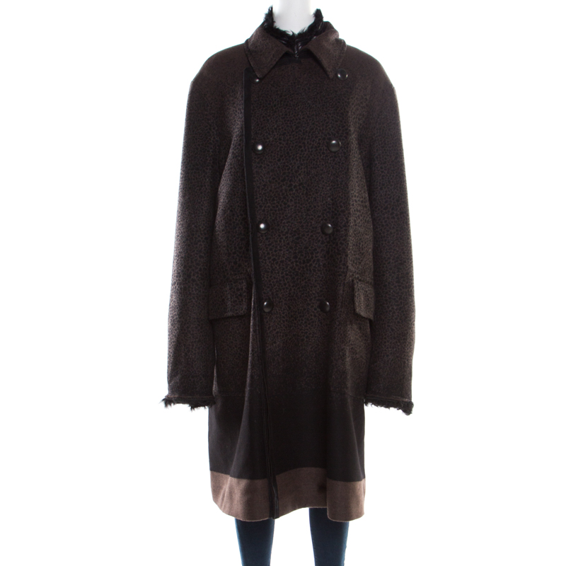 Pre Owned Roberto Cavalli Brown and Black Angora Wool Animal Printed Faux Fur Detail Overcoat XXL