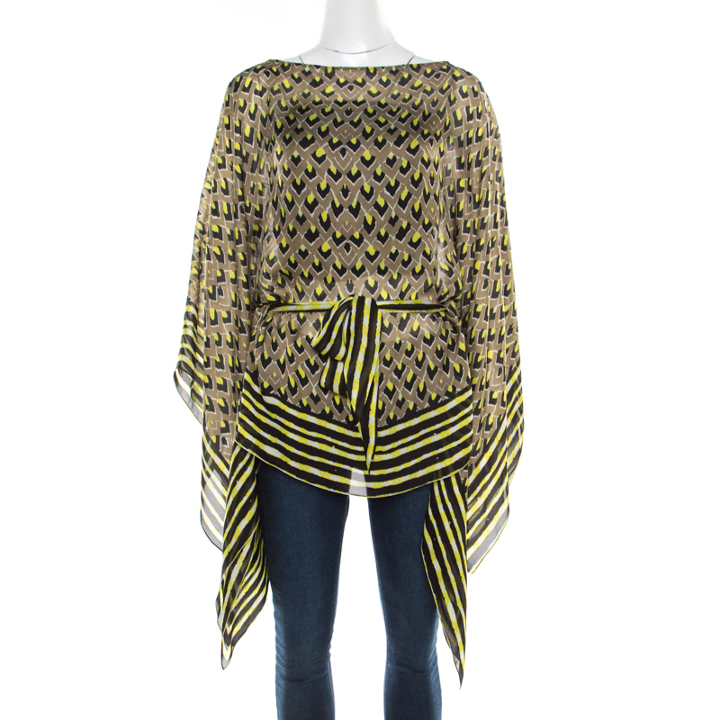 Pre Owned Roberto Cavalli Multicolor Printed Silk Tie Detail Kaftan Top M