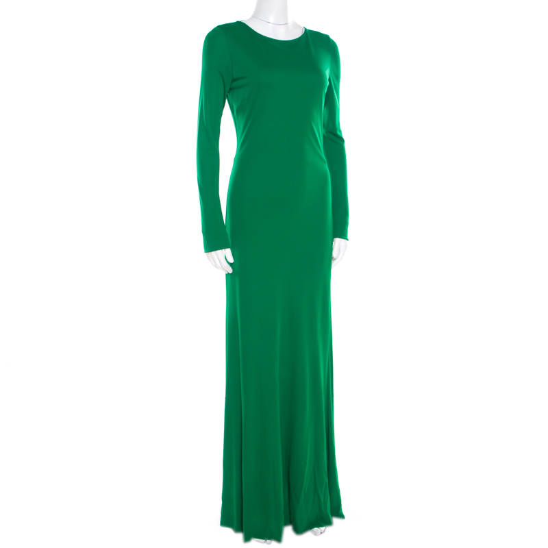 

Roberto Cavalli Green Crepe Knit Plunge Back Draped Evening Gown