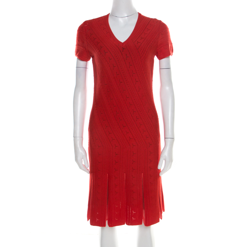 

Roberto Cavalli Red Crochet Knit V Neck Godet Dress