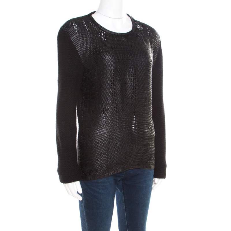 

Roberto Cavalli Black Cashmere and Leather Interwoven Crew Neck Sweater